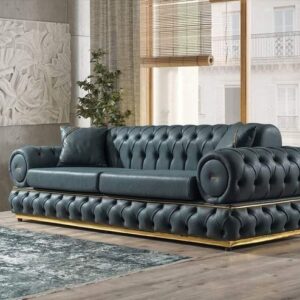 GlamTuft Sofa front view – 2-seater tufted sofa with gold accent legs