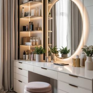 Space-saving luxury bedroom furniture with circular mirror UAE