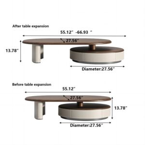 Side view of Luna Orbit wooden table showing circular storage drawer