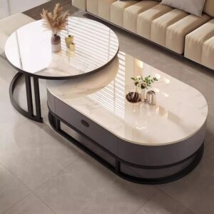 Stravo Centerpiece with rectangular wood top and round glass table