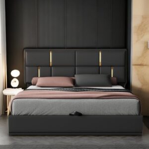 Modern black gas-lift storage bed with upholstered headboard, hydraulic lift-up system, and spacious under-bed storage