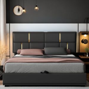 Modern black gas-lift storage bed with upholstered headboard, hydraulic lift-up system, and spacious under-bed storage