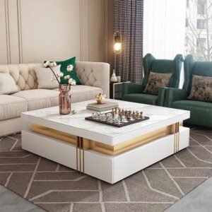 Side angle of Raya center table with drawers partially open Side angle of Raya center table with drawers partially open