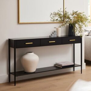 Modern wooden entry console with versatile styling options