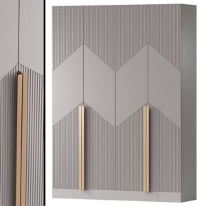 Modern wooden wardrobe with sleek steel bar handles in a contemporary bedroom