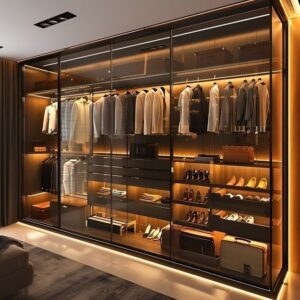 Aven Built-In Illuminated Closet with glass doors and LED lighting UAE