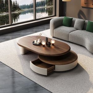 Luna Orbit Center Table with round drawer and elongated wooden top