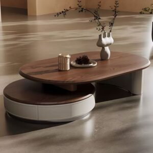 Luna Orbit Center Table with round drawer and elongated wooden top