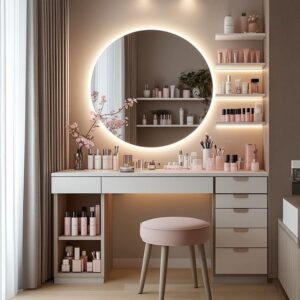 Elara Mirror Dresser UAE with sleek circular mirror and tiered storage drawers Elara Mirror Dresser UAE with sleek circular mirror and tiered storage drawers