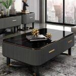 Modern wooden center table with glass surface in UAE living room