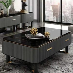 Modern wooden center table with glass surface in UAE living room Modern wooden center table with glass surface in UAE living room