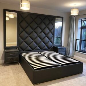 Wall-to-wall velvet headboard bed with storage, custom luxury design UAE Wall-to-wall velvet headboard bed with storage, custom luxury design UAE
