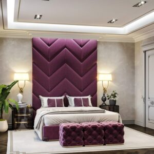 Wall-to-wall velvet headboard bed with storage, custom luxury design UAE Wall-to-wall velvet headboard bed with storage, custom luxury design UAE