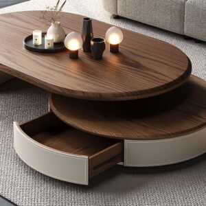 Luna Orbit Center Table with round drawer and elongated wooden top