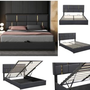 Modern black gas-lift storage bed with upholstered headboard, hydraulic lift-up system, and spacious under-bed storage