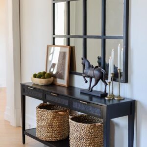 Modern wooden entry console with versatile styling options