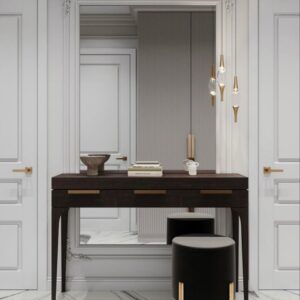 Modern wooden entry console with versatile styling options