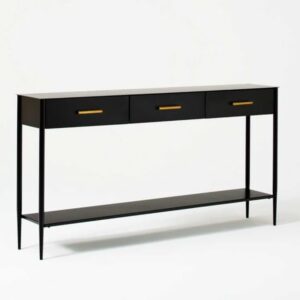 Modern wooden entry console with versatile styling options