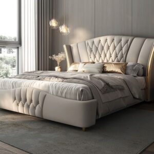 Premium Royal Wing king size bed with soft fabric upholstery and stylish design