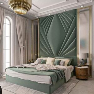 Designer upholstered bed with premium velvet finish and wall-to-wall headboard