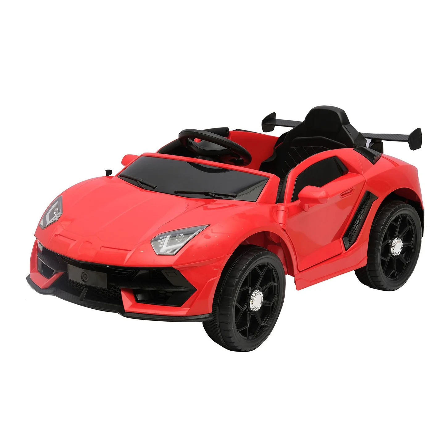 Red LamboRacer kids electric ride-on car with dual 6V battery, remote control, seatbelt, lights, and music Red LamboRacer kids electric ride-on car with dual 6V battery, remote control, seatbelt, lights, and music