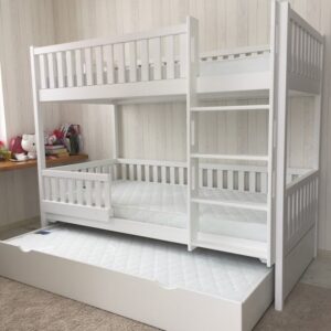 Modern twin wooden bunk bed with bottom storage drawers, ladder, and safety guardrails Modern twin wooden bunk bed with bottom storage drawers, ladder, and safety guardrails