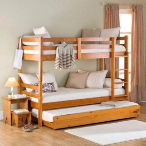 Modern twin wooden bunk bed with bottom storage drawers, ladder, and safety guardrails