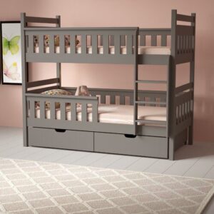 Modern twin wooden bunk bed with bottom storage drawers, ladder, and safety guardrails Modern twin wooden bunk bed with bottom storage drawers, ladder, and safety guardrails