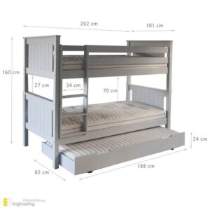 Modern twin wooden bunk bed with bottom storage drawers, ladder, and safety guardrails