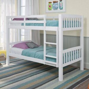 Modern twin wooden bunk bed in dark finish with ladder and guardrails Modern twin wooden bunk bed in dark finish with ladder and guardrails