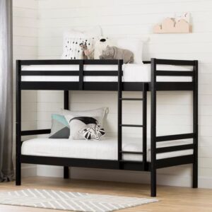 Modern twin wooden bunk bed in dark finish with ladder and guardrails