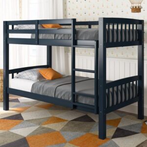 Modern twin wooden bunk bed in dark finish with ladder and guardrails