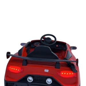 Red LamboRacer kids electric ride-on car with dual 6V battery, remote control, seatbelt, lights, and music Red LamboRacer kids electric ride-on car with dual 6V battery, remote control, seatbelt, lights, and music