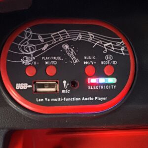 Red LamboRacer kids electric ride-on car with dual 6V battery, remote control, seatbelt, lights, and music