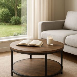 Round wooden 2-tier coffee table with customizable metal frame by Al Mas Furniture Round wooden 2-tier coffee table with customizable metal frame by Al Mas Furniture