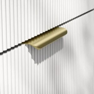 Modern white ribbed TV console with gold legs and wooden frame | Al Mas Furniture Modern white ribbed TV console with gold legs and wooden frame | Al Mas Furniture