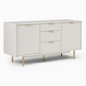 Modern white ribbed TV console with gold legs and wooden frame | Al Mas Furniture
