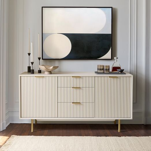Modern white ribbed TV console with gold legs and wooden frame | Al Mas Furniture Modern white ribbed TV console with gold legs and wooden frame | Al Mas Furniture