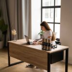 Modern wooden study and office table UAE – minimalist desk with metal frame, perfect for home or office use in Dubai or Abu Dhabi.