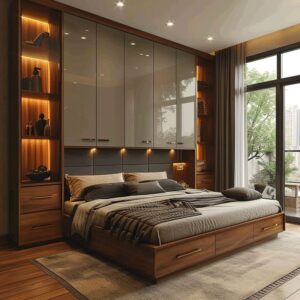 Modern over-bed wardrobe UAE, space-saving bedroom furniture Dubai, luxury integrated wardrobe system Sharjah, smart storage bed with LED lighting UAE, custom bedroom furniture villa UAE