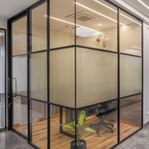 lass office partition UAE black frame glass door Dubai office design