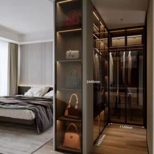 Luxury wardrobe divider UAE, glass wardrobe closet Dubai, modern bedroom partition Sharjah, walk-in wardrobe glass doors UAE, high-end wardrobe system Dubai