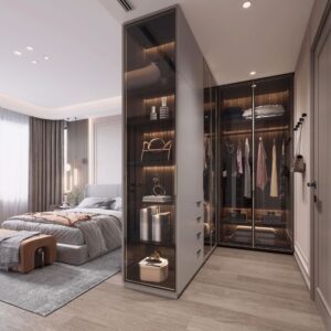 Luxury wardrobe divider UAE, glass wardrobe closet Dubai, modern bedroom partition Sharjah, walk-in wardrobe glass doors UAE, high-end wardrobe system Dubai