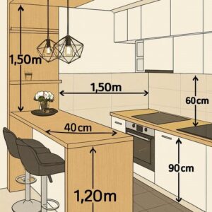 Modern custom-designed luxury kitchen in Dubai featuring matte dark grey cabinetry, warm wooden breakfast bar, pendant lighting, integrated shelving, and minimalist contemporary interior design.