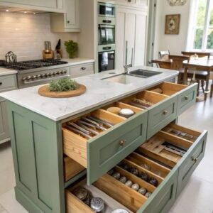 marble kitchen island with storage UAE villa kitchen design