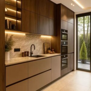 Modern kitchen UAE wooden countertop, handleless kitchen Dubai, custom kitchen Sharjah, walnut kitchen design UAE, built in kitchen appliances Dubai