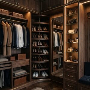Classic walnut walk in wardrobe UAE, luxury wardrobe Dubai villa, corner wardrobe carousel UAE, traditional closet design Sharjah, premium dressing room Abu Dhabi