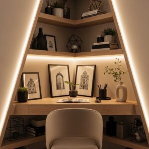 modern home office desk Dubai built in corner desk shelving UAE