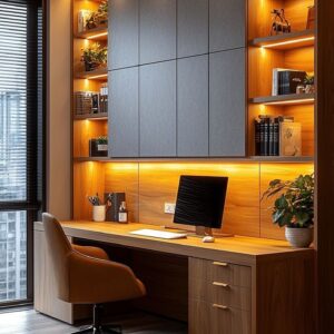 luxury office workstation Dubai integrated wall desk LED lighting UAE