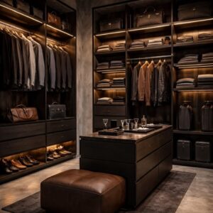 Open wardrobe system UAE, modern closet Dubai apartment, LED wardrobe shelves Sharjah, modular wardrobe UAE, minimalist wardrobe design Dubai